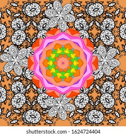 Watercolor seamless pattern for textile. Colorful seamless pattern with cute flowers, paisley, white, black and orange colors. Hand drawn flower seamless pattern (tile).