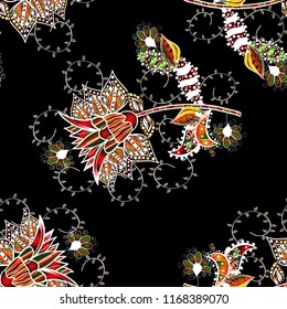 Watercolor seamless pattern for textile. Hand drawn flower seamless pattern (tile). Colorful seamless pattern with cute flowers, paisley, black, white and brown colors.