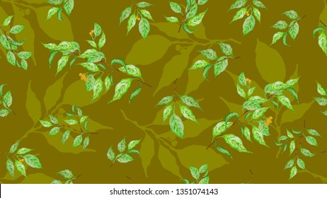 Watercolor seamless pattern. Theme design cover, invitation, booklet, printing. Botanical background, laurel, ficus, tea. Green spring leaves.