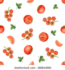 Watercolor seamless pattern of tomato, vector illustration.