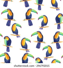 Watercolor seamless pattern with toucans  and palm leaves