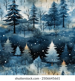 Watercolor seamless pattern with trees, serene and snowy forest environment, tranquility of nature during winter, snow blankets the ground and branches. Tall and elegant trees standing majestically 