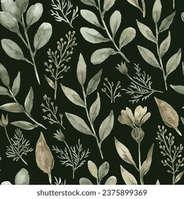 Watercolor seamless pattern with trendy dried plants and flowers. Hand drawn luxury print for decor and design