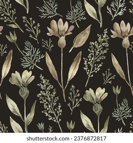 Watercolor seamless pattern with trendy dried plants and flowers. Hand drawn luxury print for decor and design
