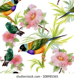 Watercolor seamless pattern with tropical birds and flowers on white background vector illustration