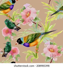 Watercolor seamless pattern with tropical birds and flowers on brown background vector illustration