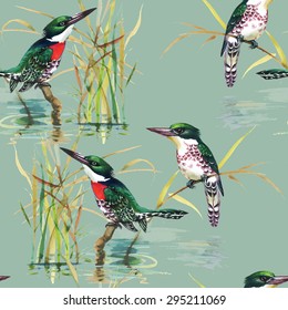 Watercolor seamless pattern with tropical birds on green background vector illustration