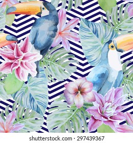 Watercolor seamless pattern with tropical flowers and leaves and toucans.