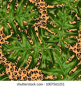 Watercolor seamless pattern with tropical leaves: palms, monstera, passion fruit. Beautiful allover print with hand drawn exotic plants. Swimwear botanical design. Vector.
