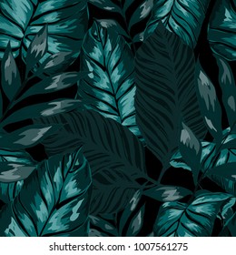 Watercolor seamless pattern with tropical leaves: palms, monstera, passion fruit. Beautiful allover print with hand drawn exotic plants. Swimwear botanical design. Vector.
