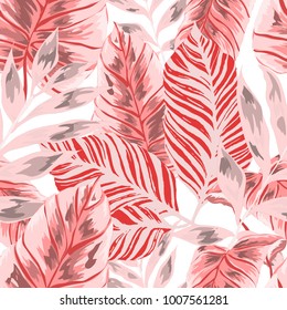 Watercolor seamless pattern with tropical leaves: palms, monstera, passion fruit. Beautiful allover print with hand drawn exotic plants. Swimwear botanical design. Vector.
