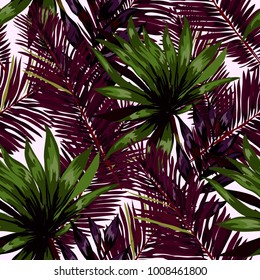 Watercolor seamless pattern with tropical leaves: palms, monstera, passion fruit. Beautiful allover print with hand drawn exotic plants. Swimwear botanical design. Vector.
