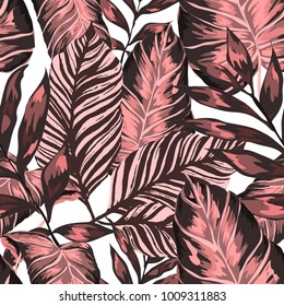 Watercolor seamless pattern with tropical leaves: palms, monstera, passion fruit. Beautiful allover print with hand drawn exotic plants. Swimwear botanical design. Vector.
