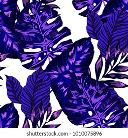 Watercolor seamless pattern with tropical leaves: palms, monstera, passion fruit. Beautiful allover print with hand drawn exotic plants. Swimwear botanical design. Vector.
