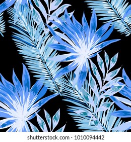 Watercolor seamless pattern with tropical leaves: palms, monstera, passion fruit. Beautiful allover print with hand drawn exotic plants. Swimwear botanical design. Vector.
