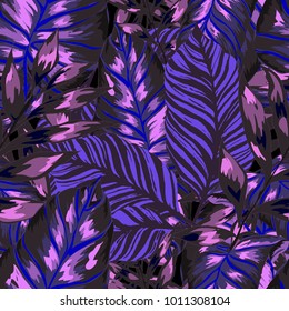 Watercolor seamless pattern with tropical leaves: palms, monstera, passion fruit. Beautiful allover print with hand drawn exotic plants. Swimwear botanical design. Vector.
