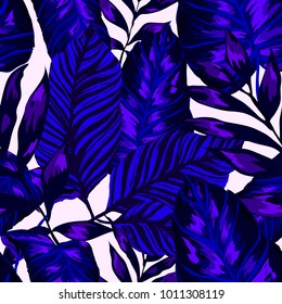 Watercolor seamless pattern with tropical leaves: palms, monstera, passion fruit. Beautiful allover print with hand drawn exotic plants. Swimwear botanical design. Vector.
