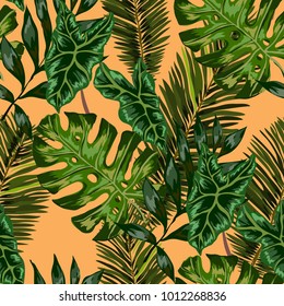 Watercolor seamless pattern with tropical leaves: palms, monstera, passion fruit. Beautiful allover print with hand drawn exotic plants. Swimwear botanical design. Vector.
