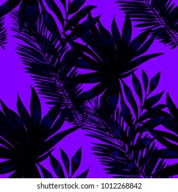 Watercolor seamless pattern with tropical leaves: palms, monstera, passion fruit. Beautiful allover print with hand drawn exotic plants. Swimwear botanical design. Vector.
