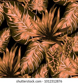 Watercolor seamless pattern with tropical leaves: palms, monstera, passion fruit. Beautiful allover print with hand drawn exotic plants. Swimwear botanical design. Vector.

