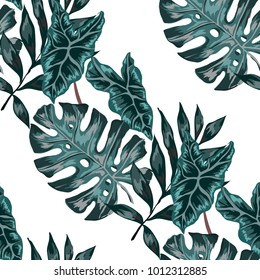 Watercolor seamless pattern with tropical leaves: palms, monstera, passion fruit. Beautiful allover print with hand drawn exotic plants. Swimwear botanical design. Vector.
