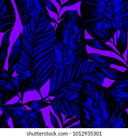 Watercolor seamless pattern with tropical leaves: palms, monstera, passion fruit. Beautiful allover print with hand drawn exotic plants. Swimwear botanical design. Vector.
