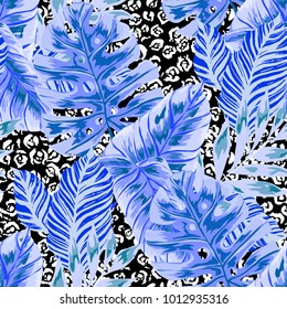 Watercolor seamless pattern with tropical leaves: palms, monstera, passion fruit. Beautiful allover print with hand drawn exotic plants. Swimwear botanical design. Vector.
