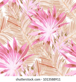 Watercolor seamless pattern with tropical leaves: palms, monstera, passion fruit. Beautiful allover print with hand drawn exotic plants. Swimwear botanical design. Vector.
