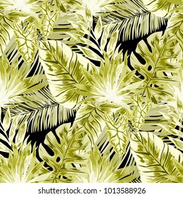 Watercolor seamless pattern with tropical leaves: palms, monstera, passion fruit. Beautiful allover print with hand drawn exotic plants. Swimwear botanical design. Vector.
