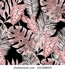 Watercolor seamless pattern with tropical leaves: palms, monstera, passion fruit. Beautiful allover print with hand drawn exotic plants. Swimwear botanical design. Vector.
