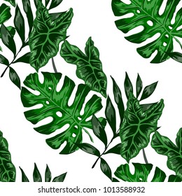 Watercolor seamless pattern with tropical leaves: palms, monstera, passion fruit. Beautiful allover print with hand drawn exotic plants. Swimwear botanical design. Vector.
