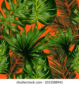 Watercolor seamless pattern with tropical leaves: palms, monstera, passion fruit. Beautiful allover print with hand drawn exotic plants. Swimwear botanical design. Vector.
