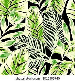 Watercolor seamless pattern with tropical leaves: palms, monstera, passion fruit. Beautiful allover print with hand drawn exotic plants. Swimwear botanical design. Vector.
