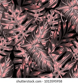 Watercolor seamless pattern with tropical leaves: palms, monstera, passion fruit. Beautiful allover print with hand drawn exotic plants. Swimwear botanical design. Vector.
