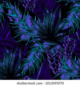 Watercolor seamless pattern with tropical leaves: palms, monstera, passion fruit. Beautiful allover print with hand drawn exotic plants. Swimwear botanical design. Vector.
