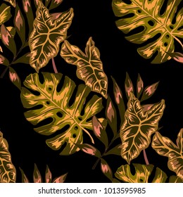 Watercolor seamless pattern with tropical leaves: palms, monstera, passion fruit. Beautiful allover print with hand drawn exotic plants. Swimwear botanical design. Vector.
