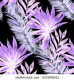Watercolor seamless pattern with tropical leaves: palms, monstera, passion fruit. Beautiful allover print with hand drawn exotic plants. Swimwear botanical design. Vector.
