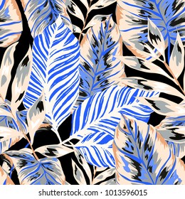 Watercolor seamless pattern with tropical leaves: palms, monstera, passion fruit. Beautiful allover print with hand drawn exotic plants. Swimwear botanical design. Vector.
