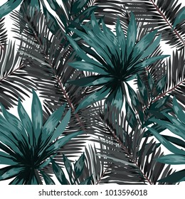 Watercolor seamless pattern with tropical leaves: palms, monstera, passion fruit. Beautiful allover print with hand drawn exotic plants. Swimwear botanical design. Vector.
