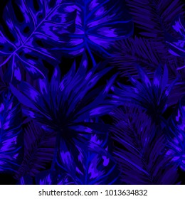 Watercolor seamless pattern with tropical leaves: palms, monstera, passion fruit. Beautiful allover print with hand drawn exotic plants. Swimwear botanical design. Vector.
