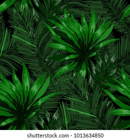 Watercolor seamless pattern with tropical leaves: palms, monstera, passion fruit. Beautiful allover print with hand drawn exotic plants. Swimwear botanical design. Vector.
