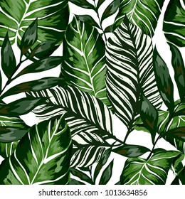 Padrão sem costura em aquarela com folhas tropicais: palmas das mãos, monstera, maracujá. Bonita impressão por todo o lado com plantas exóticas desenhadas à mão. Design botânico de banho. Vetor.