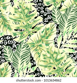 Watercolor seamless pattern with tropical leaves: palms, monstera, passion fruit. Beautiful allover print with hand drawn exotic plants. Swimwear botanical design. Vector.
