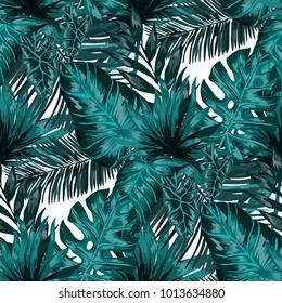 Watercolor seamless pattern with tropical leaves: palms, monstera, passion fruit. Beautiful allover print with hand drawn exotic plants. Swimwear botanical design. Vector.
