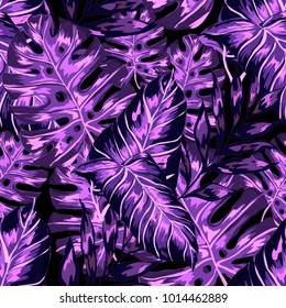 Watercolor seamless pattern with tropical leaves: palms, monstera, passion fruit. Beautiful allover print with hand drawn exotic plants. Swimwear botanical design. Vector.

