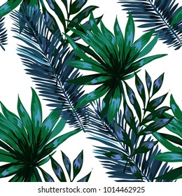 Watercolor seamless pattern with tropical leaves: palms, monstera, passion fruit. Beautiful allover print with hand drawn exotic plants. Swimwear botanical design. Vector.
