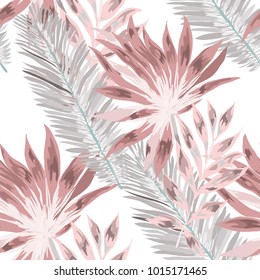 Watercolor seamless pattern with tropical leaves: palms, monstera, passion fruit. Beautiful allover print with hand drawn exotic plants. Swimwear botanical design. Vector.

