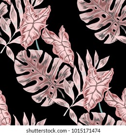 Watercolor seamless pattern with tropical leaves: palms, monstera, passion fruit. Beautiful allover print with hand drawn exotic plants. Swimwear botanical design. Vector.
