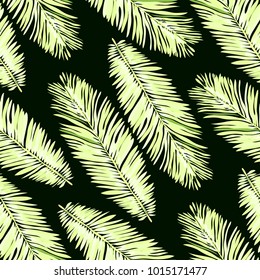 Watercolor seamless pattern with tropical leaves: palms, monstera, passion fruit. Beautiful allover print with hand drawn exotic plants. Swimwear botanical design. Vector.
