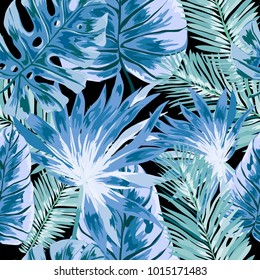 Watercolor seamless pattern with tropical leaves: palms, monstera, passion fruit. Beautiful allover print with hand drawn exotic plants. Swimwear botanical design. Vector.
